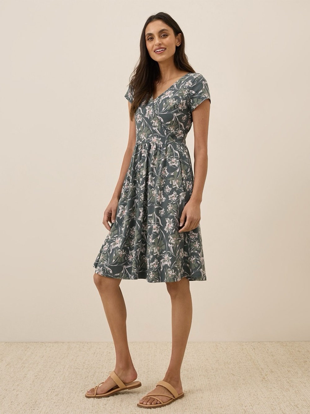 Pact Wrap-Style Midi Dress in Gray with Pink Floral Print